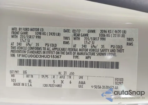 2017 Ford Escape Se из США, поврежденный, VIN 1FMCU0GD3HUD15367